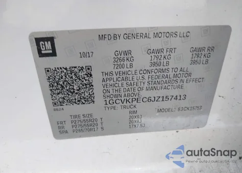 2018 Chevrolet Silverado 1500 Custom z USA, uszkodzony, nr VIN 1GCVKPEC6JZ157413